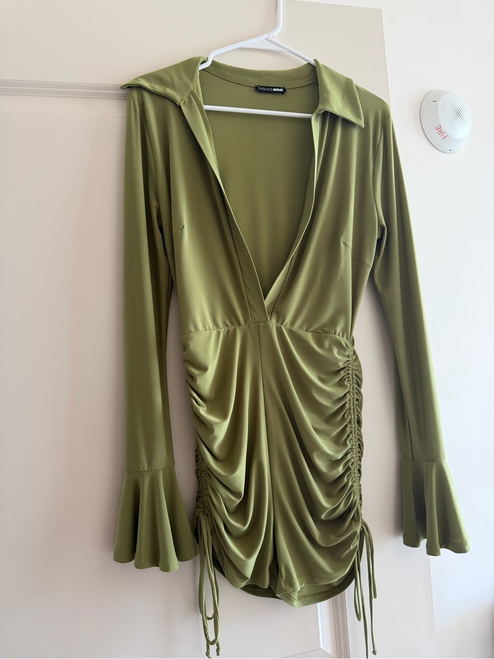Fashion Nova Olive Green Ruched Deep V Long-Sleeve romper